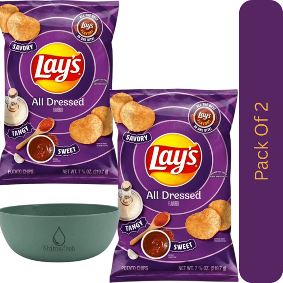 Lay’s All Dressed Potato Chips – 7.75 oz Bag, Crunchy Savory Snack With Olive Green Bowl By ValueNest