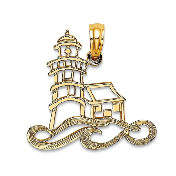14k Gold Cut-out Lighthouse With Water Charm 24.7x20mm Wide 0.8mm Thick Pendant Necklace for Women