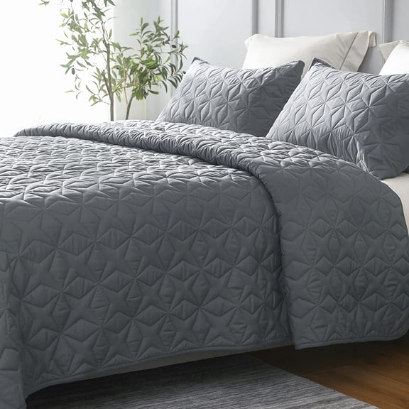 Whale Flotilla Quilt Set Queen Size, Soft Microfiber Lightweight Bedspread Coverlet Bed Cover (Star Pattern) for All Seasons, Dark Grey, 3 Pieces (Includes 1 Quilt, 2 Shams)