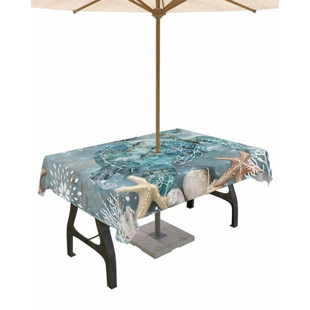 

Lsrtoss Outdoor Tablecloth with Umbrella Hole & Zipper Blue Turtle Coastal Rectangle Tablecloth 60x84 Inch Summer Beach Ocean Starfish Coral Patio Table Cover Waterproof Table Cloth for Picnic