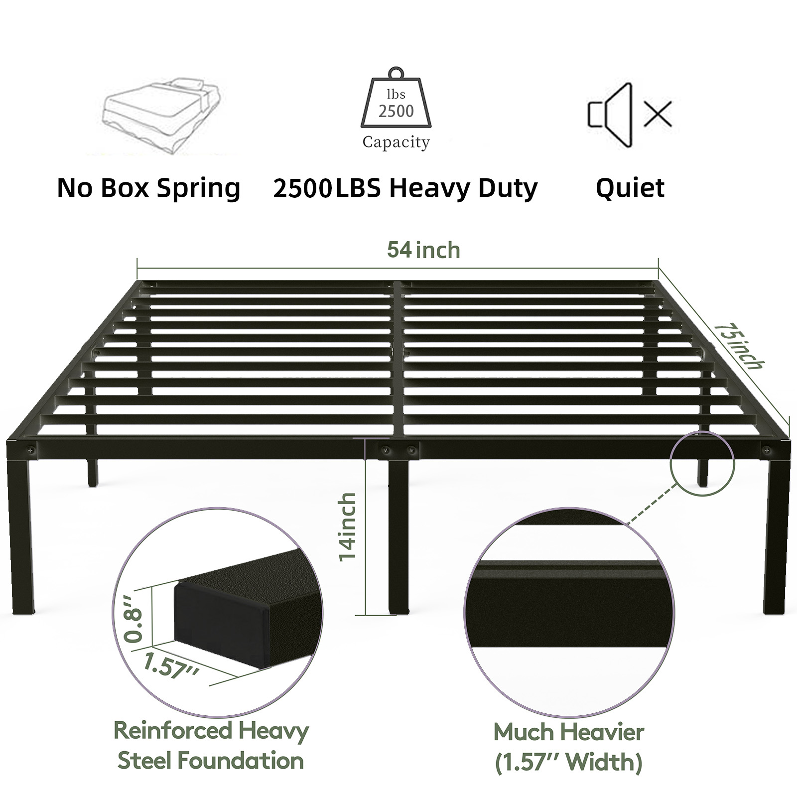 SUGIFT 14in Full Size Bed Frame Metal Platform with Steel Slats Support for Adult, Black