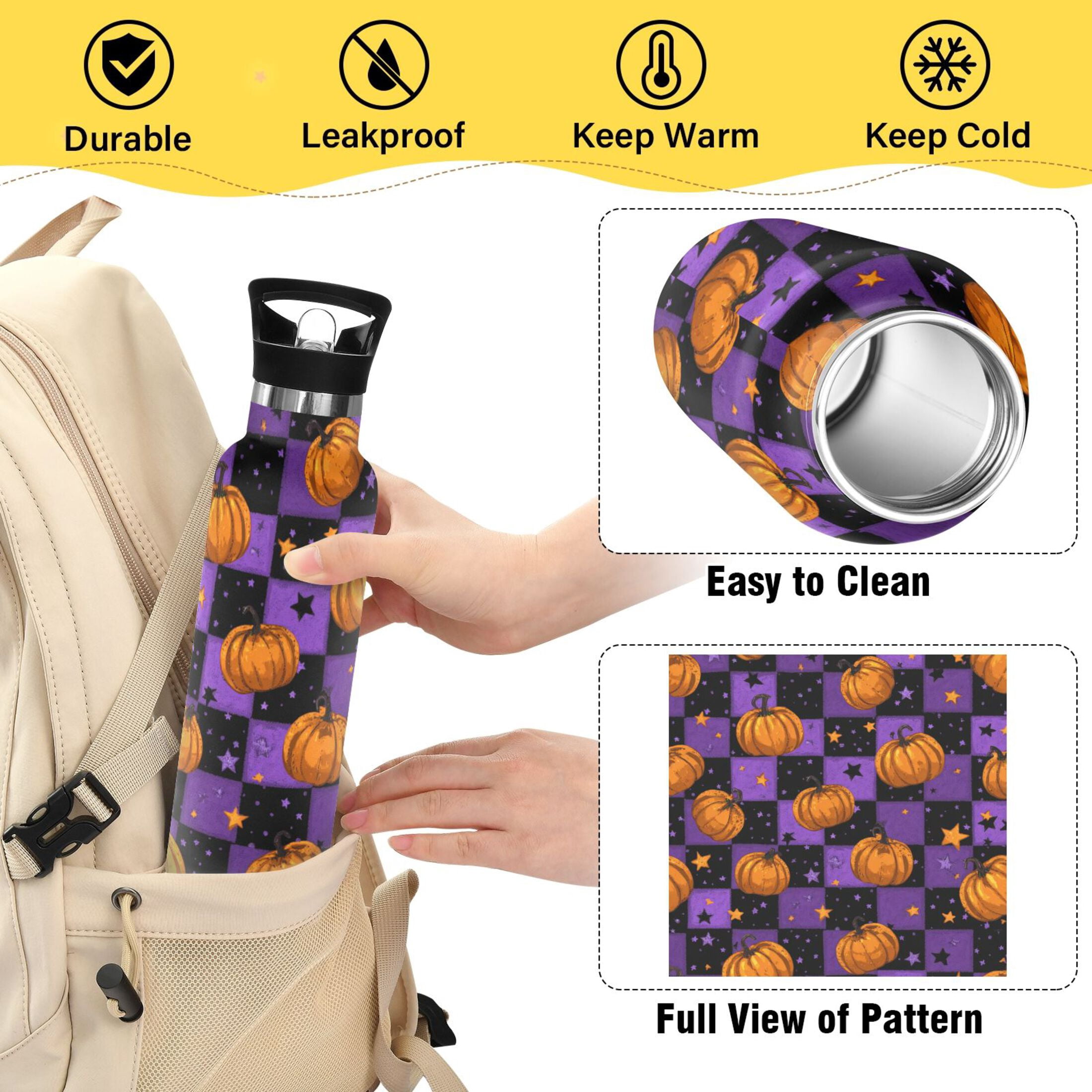 Kids Insulated Stainless Steel Sports Water Bottle 600ml (20oz) Pumpkins and Stars