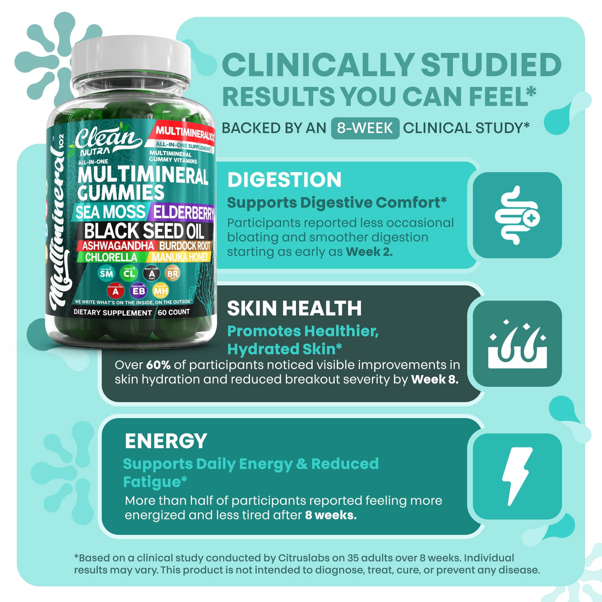 Sea Moss Gummies | Clinically Tested - Black Seed Oil Ashwagandha Elderberry Burdock Root Chlorella Manuka Honey - Vegan Irish Sea Moss Gummy Vitamins for Adults Kids Men Women - Green Apple Flavor