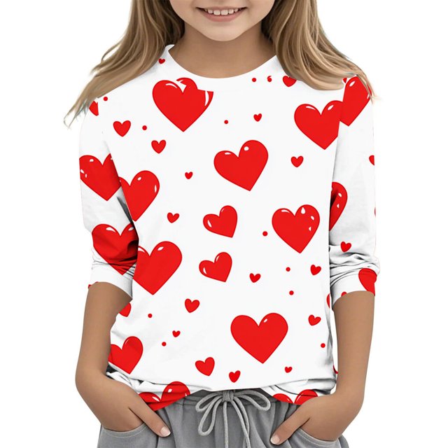 COM1950s Chemise de la Saint-Valentin pour Garçons, Chemise de la Saint-Valentin pour Garçons et Filles, Imprimé Saint-Valentin pour Garçons et Adultes, Manches Trois-Quarts, Col Rond, Chandail de Base, Chemise de la Saint-Valentin