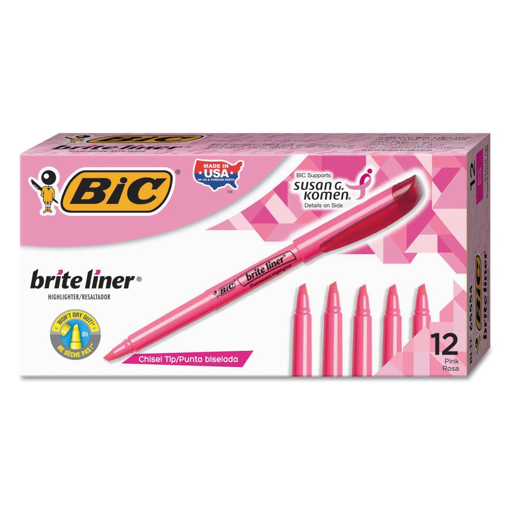 BIC Brite Liner Pocket Highlighter, Chisel Tip, Pink, 12Count