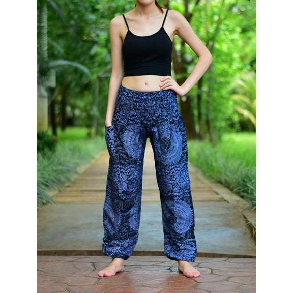 Bohotusk Black Night Glow Print Elasticated Smocked Waist Womens Harem Pants S/M to 4XL