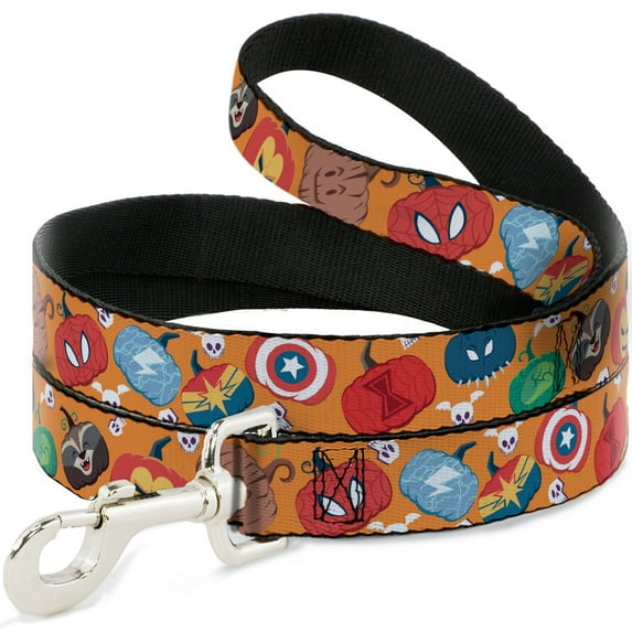 Marvel Comics Pet Leash, Dog Leash, Marvel Avengers Halloween Jack O Lantern Pumpkin Icons Orange, 4 Feet Long 1.5 Inch Wide