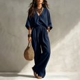 thumbnail image 4 of Clossjun Linen Sets for Women Dressy Casual Cozy Outfits 3/4 Sleeve Top & Wide Leg Pants Fall Vacation Lounge Sets for Work Out Teacher 2XL, 4 of 6