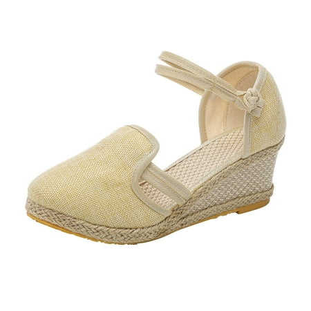 Women Sandals Platform Wedge Womens Closed Toe Sandals Linen Sandals Fashion Versatile Sandal Heels Shoes for Women Braided Buckle Breathable Wedge Fancy Sandals for Women Sandals