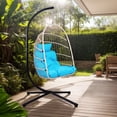 thumbnail image 2 of UHOMEPRO Hanging Egg Chair with Stand, Patio PE Wicker Swing Chair with Cushion and Headrest, Outdoor Hammock Egg Chair for Home Bedroom Patio Balcony, 350 lbs Capacity, Beige+Blue, 2 of 9