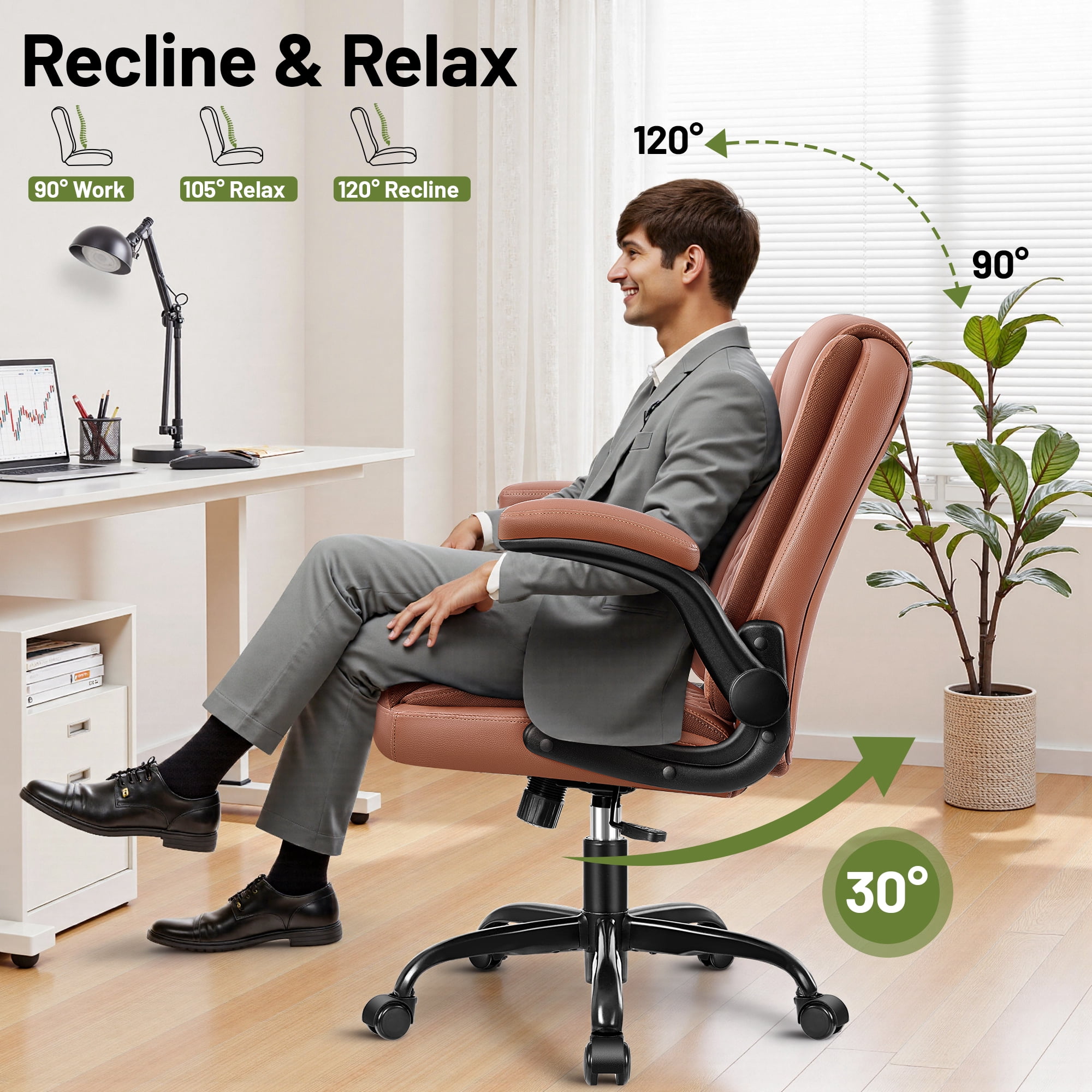 ATHOPE Leather Office Chair, 400lbs Ergonomic Desk Chairs with Back Support, Computer Chair with Wheels and Adjustable Armrest for Home Office, 360°Swivel Free, Brown