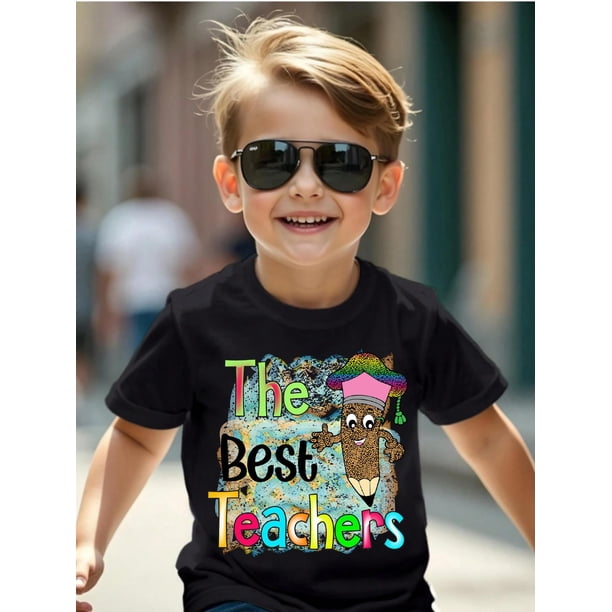 Round Neck T-Shirt - "The Best Teachers" Back-to-School Graphic Print, Casual & Sporty Casual Style, Breathable Fabric, Regular Fit for Spring/Summer, Comfortable Fit