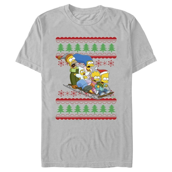 Men's The Simpsons Christmas Family Sledding Adventure Graphic Tee Silver 3X Large
