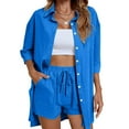 thumbnail image 1 of Women Blouse Suit Button Down Pockets 2 Piece Lounge Set Solid Loose Fit Outfits, 1 of 7