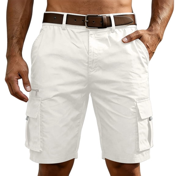 Domzest Cargo Shorts for Men Elastic Waisted Keen Length Shorts Tactical Cotton Twill with Multi Pockets for Hiking Golf Work Outdoor(No Belt) White L