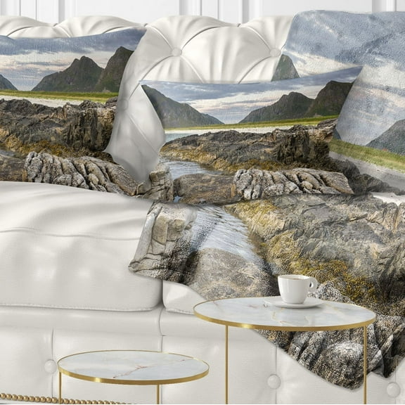 Designart Rocky Coastline on Lofoten - Landscape Photography Throw Pillow - 12x20