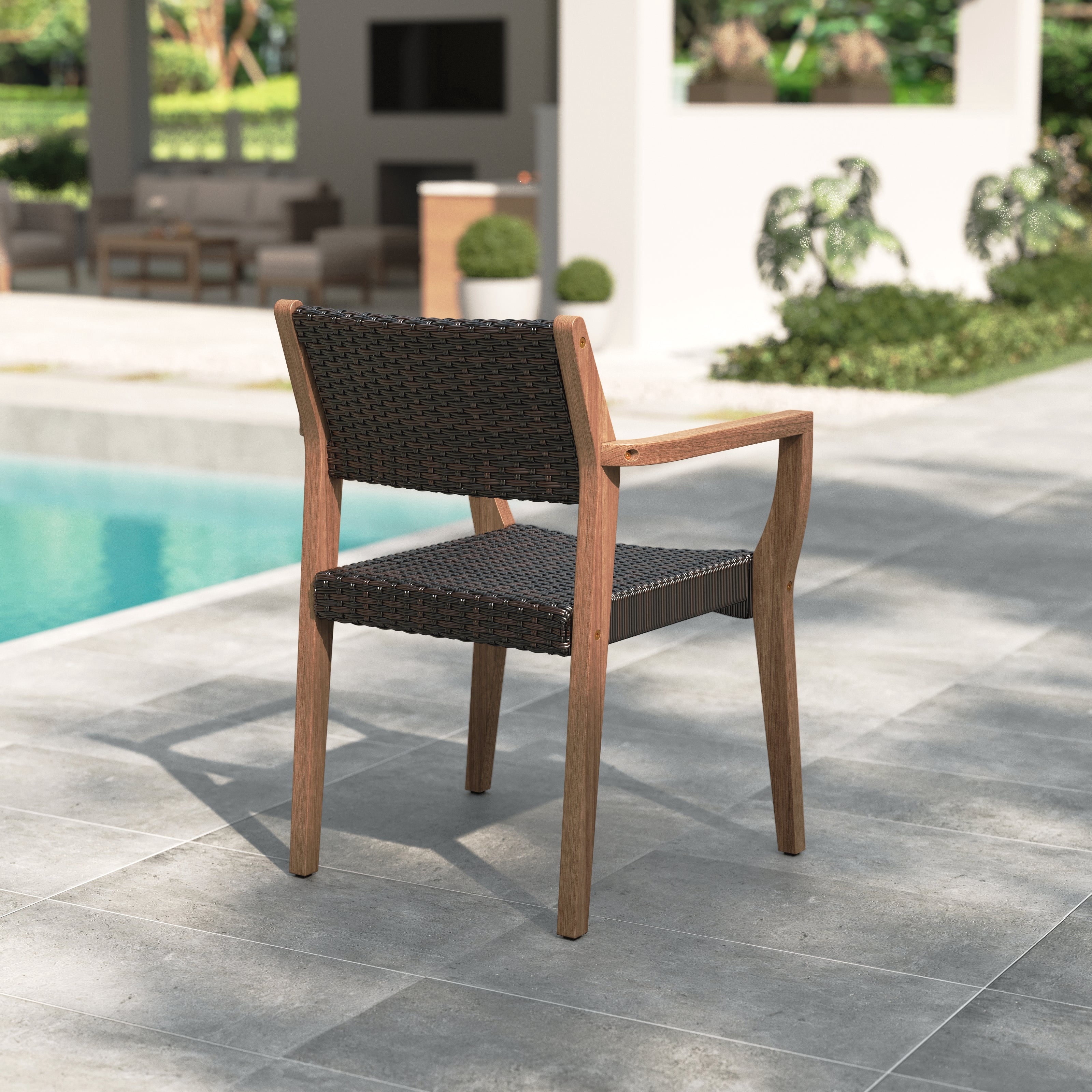 MF Studio 7-Piece Acacia Wood Outdoor Patio Dining Set with Extendable Table and Rattan Chair for 6 People, Wood Frame & Wicker Seat, Dark Brown