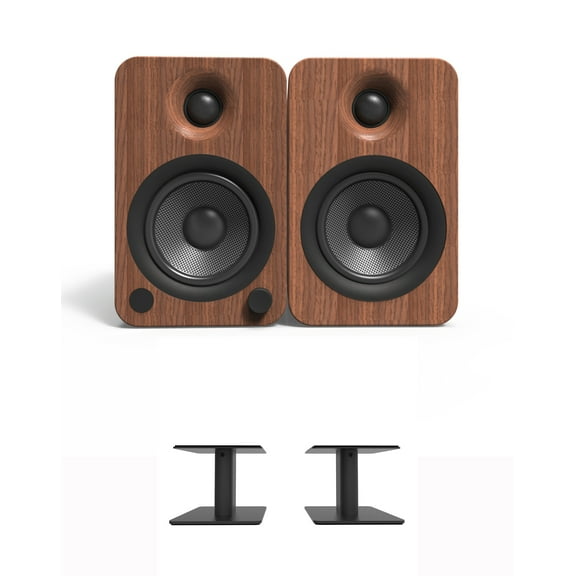 Kanto YU4WALNUT 140W Bookshelf Speakers with Bluetooth - Walnut (Pair) with Kanto SP6HD 6" Fixed-Height Desktop Stands for Bookshelf Speakers - Black (Pair) (2022)