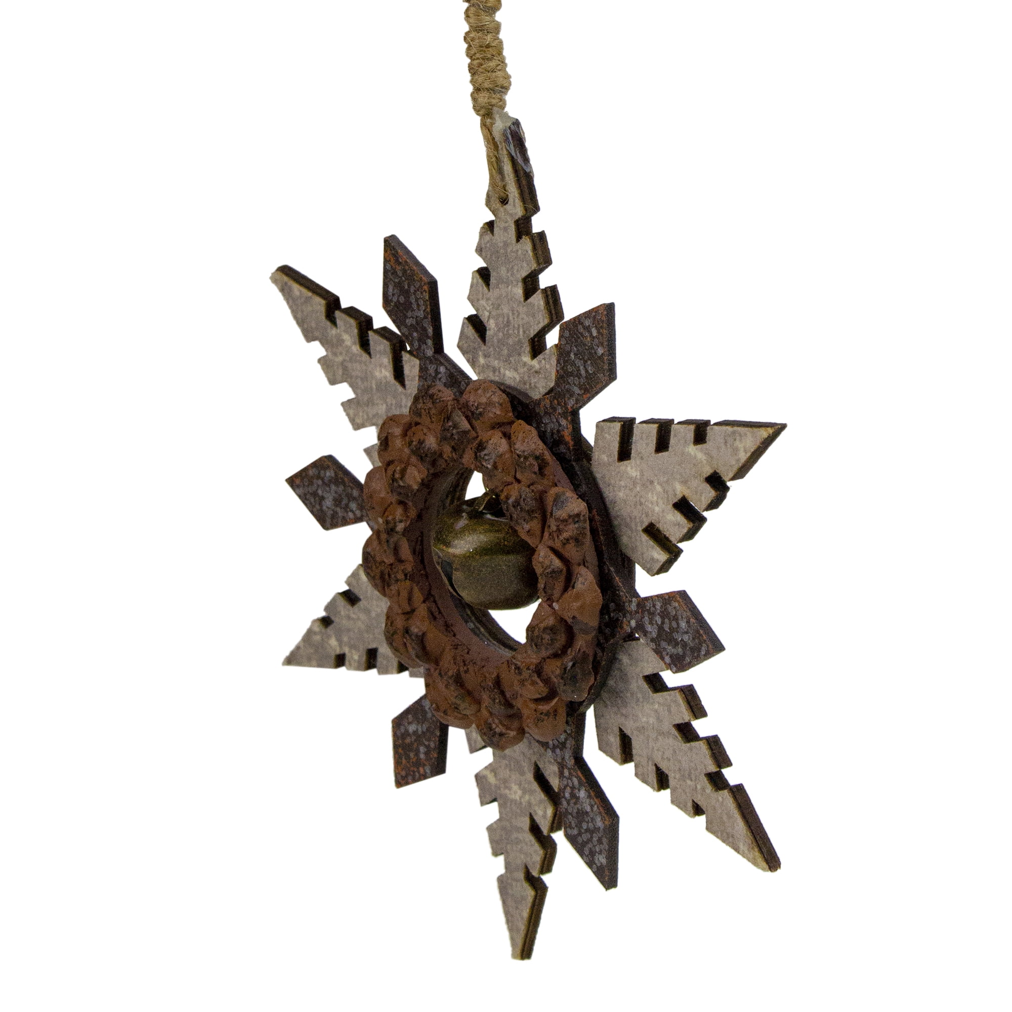 6" Brown Wooden Snowflake Christmas Ornament with a Country Rustic Bell