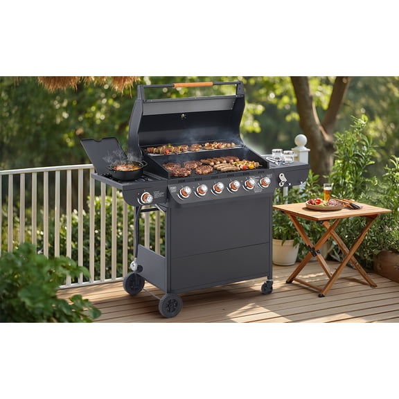 YIYADO 6 Burner BBQ Propane Gas Grill, Stainless Steel Grill with Cast Iron Grate and Side Table and Side Burner, 72000 BTU, Black