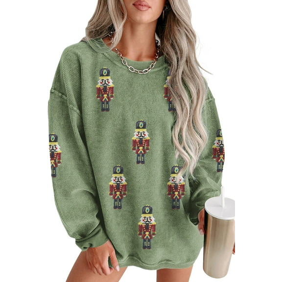 Women's Grass Green Christmas Nutcracker Graphic Corded Pullover Sweatshirt - [ZhiHiMeRi] | (US 20-22)2XL