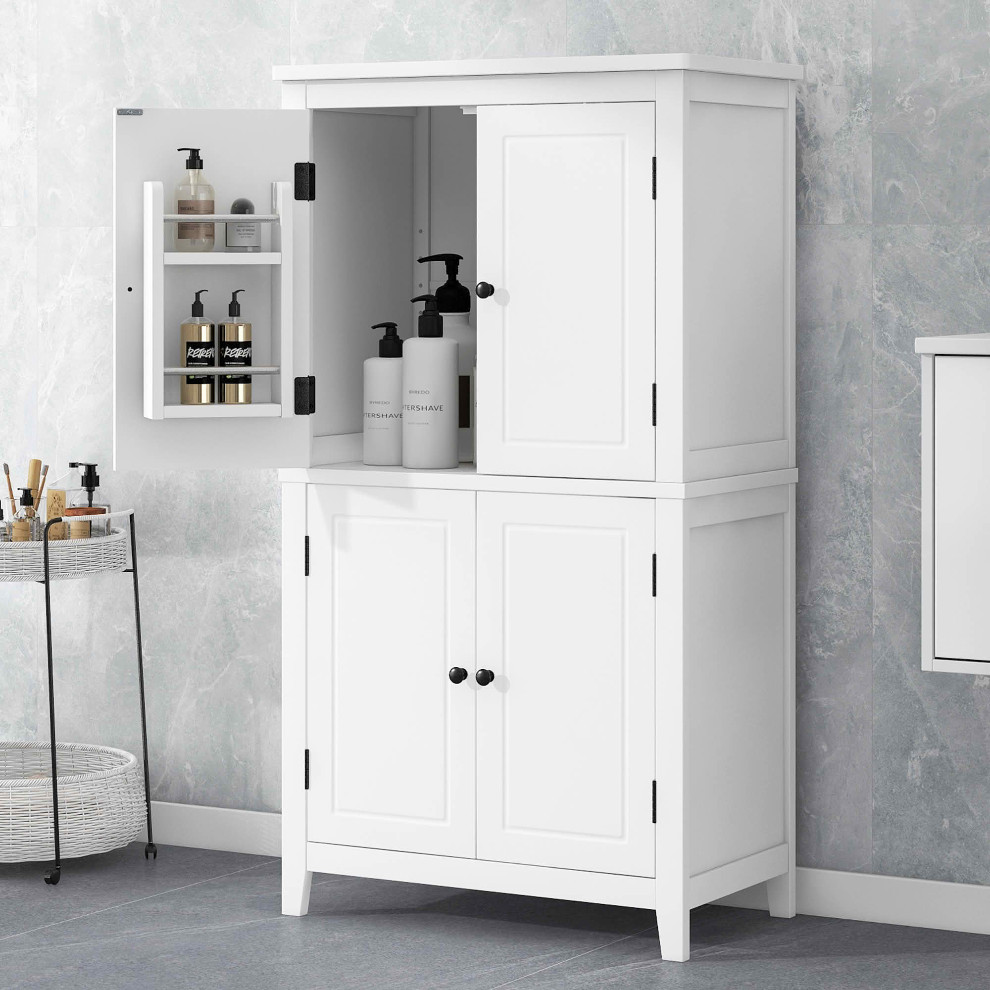MAYEERTY Elegant Bathroom Cabinet Freestanding 4 Doors Adjustable Shelves White