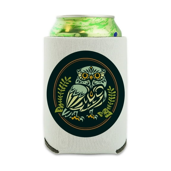 Wise White Tribal Owl Can Cooler - Drink Sleeve Hugger Collapsible Insulator - Beverage Insulated Holder