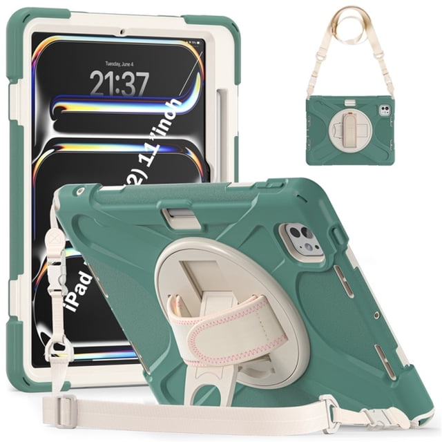 Funda para iPad Pro 11 2025 / 2024, Silicona Anti-caída + Capa Protectora de PC con Asa, Correa para el Hombro, Funda Protectora Resistente a Golpes y Tres Pruebas para Tablet, Verde