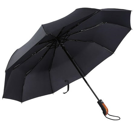 Black Large Travel Umbrella Auto Open Close Handle Folding Golf Size 210T Teflon Coating and Lightweight 10 Ribs Strong Windproof