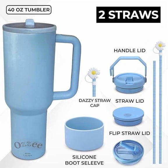 OZZEE 40 oz Pink Insulated Handle Straw Lid 4-in-1 Stainless Steel Tumbler Coffee Mug