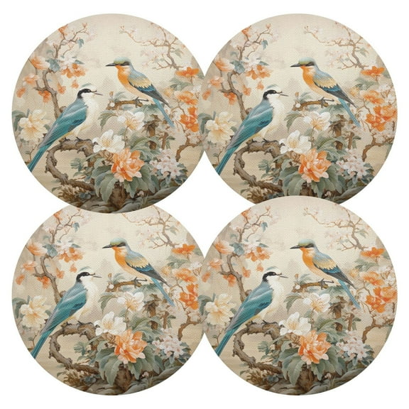 Ryvnso Birds with Flowers Round Plate Mats Dining Table Placemat Set of 4 for Holiday Decoration