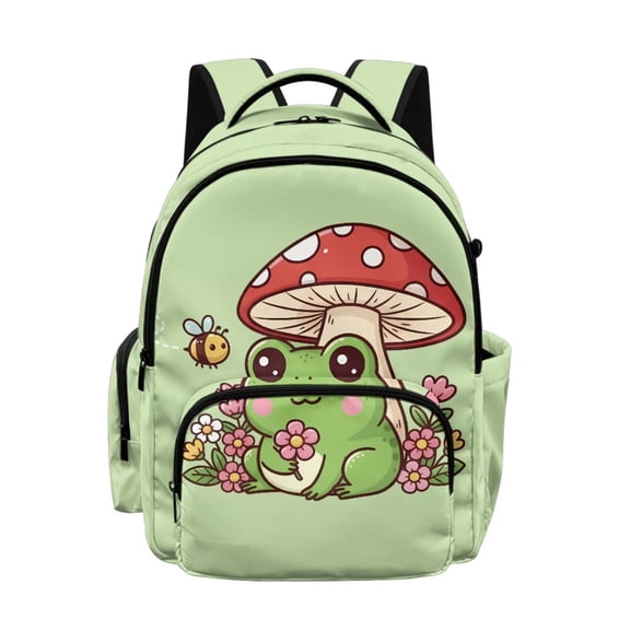 DISNIMO Frog Mushroom Printed Girls Backpack Cute School Backpack for Girls Kids Teens Durable Lightweight Bookbag with 1 Main Compartment, Front Zipper Pocket