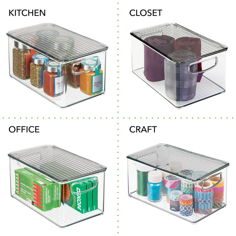 mDesign Plastic Office Storage Bin Box with Lid and Handles, 4 Pack,  Clear/Gray 