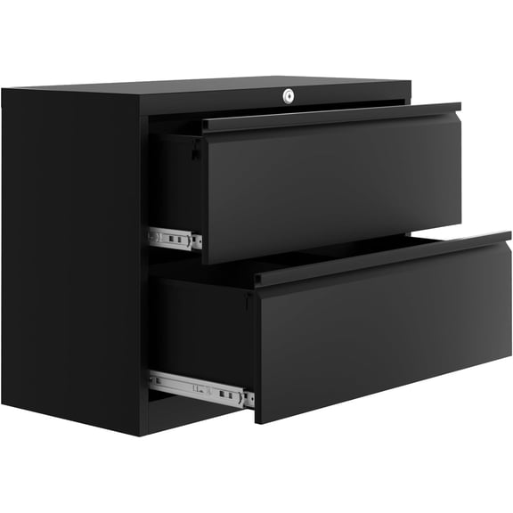 File Drawer Cabinet with Lock - Heavy Duty Metal Wide Lateral Filing Cabinet, Home Office Black File Storage Organizer for Letter & Legal Size Documents - 2 Drawer
