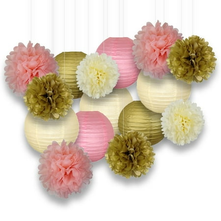 Paper Party Lanterns - Just Artifacts Decorative Paper Party Pack (15pcs) Paper Lanterns and Pom Pom Balls - Gold/Ivory/Pinks - Perfect for Birthday Parties, Baby Showers, Weddings and Life Celebrations!