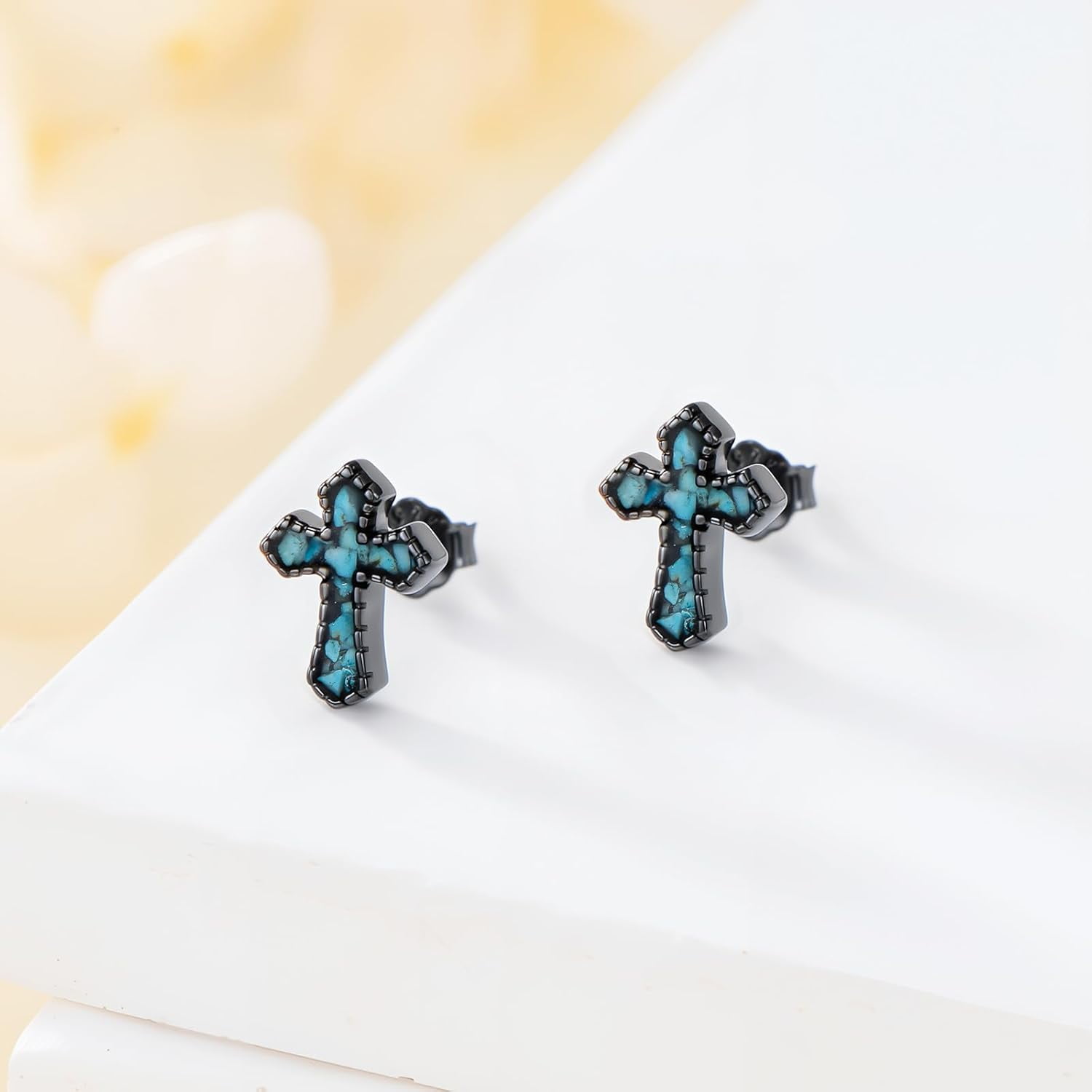 Cross Stud Earrings with Turquoise 925 Sterling Silver Black Plated Cross Earrings Christian Jewelry for Men Women