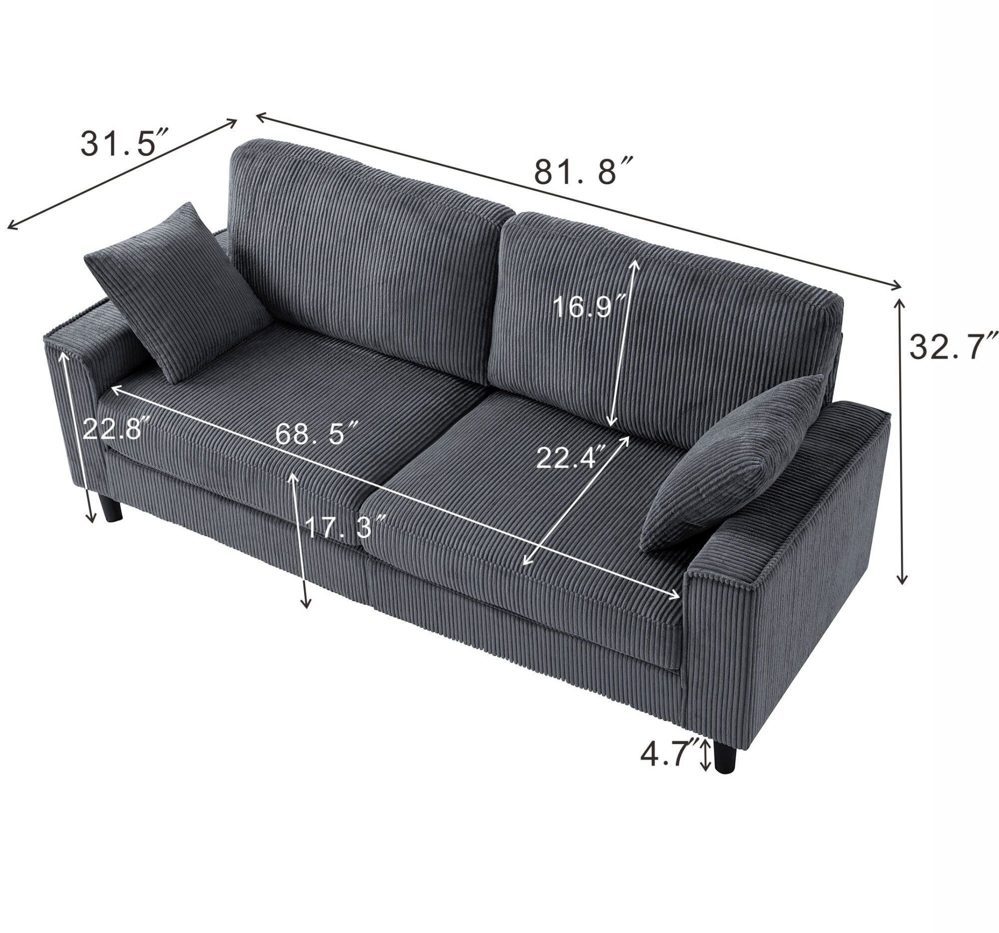 DEALTOPS 82" Corduroy Loveseat Sofa, 2-Seater Upholstered Couch with Sturdy Iron & Wood Frame, Dark Gray