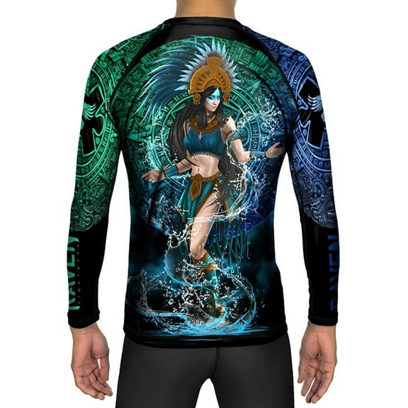 Raven Fightwear Men's Aztec Water Goddess Chalchiuhtlicue BJJ Rash Guard MMA Black Small