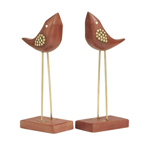 DecMode Wood Traditional Abstract Styled Birds with Jeweled Feathers Sculpture 3"W x 10"H, with Reddish Brown Finished and a Rectangular Shaped Base