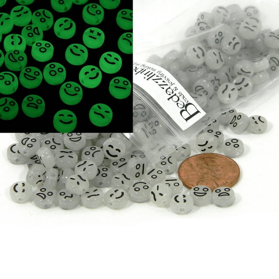 200 Green Glowing Facial Expressions: Smile, Mad, Sad, Scared Glow in the Dark Face Coin Beads