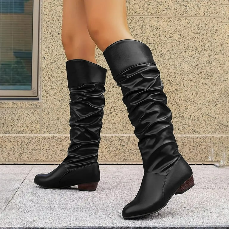 Leozcaa Women's Knee-High Boots Pointed Toe Mid Chunky Heel Pull