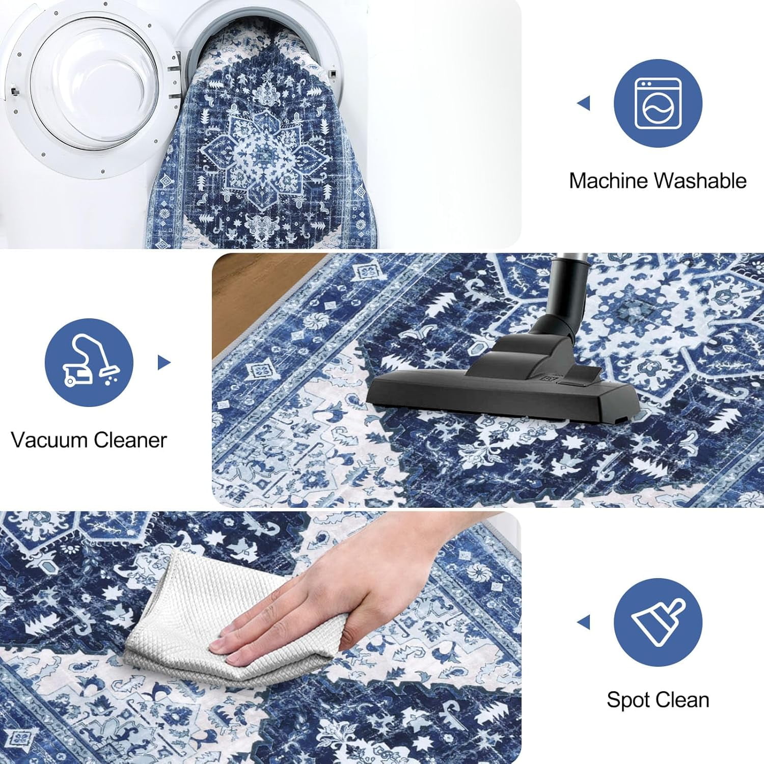 2'x8' Runner Rug for Hallway, Yamaziot Washable Blue Rug Runner with Rubber Backing, Non Slip Vintage Carpet Floor Mat for Bedroom Kitchen Laundry