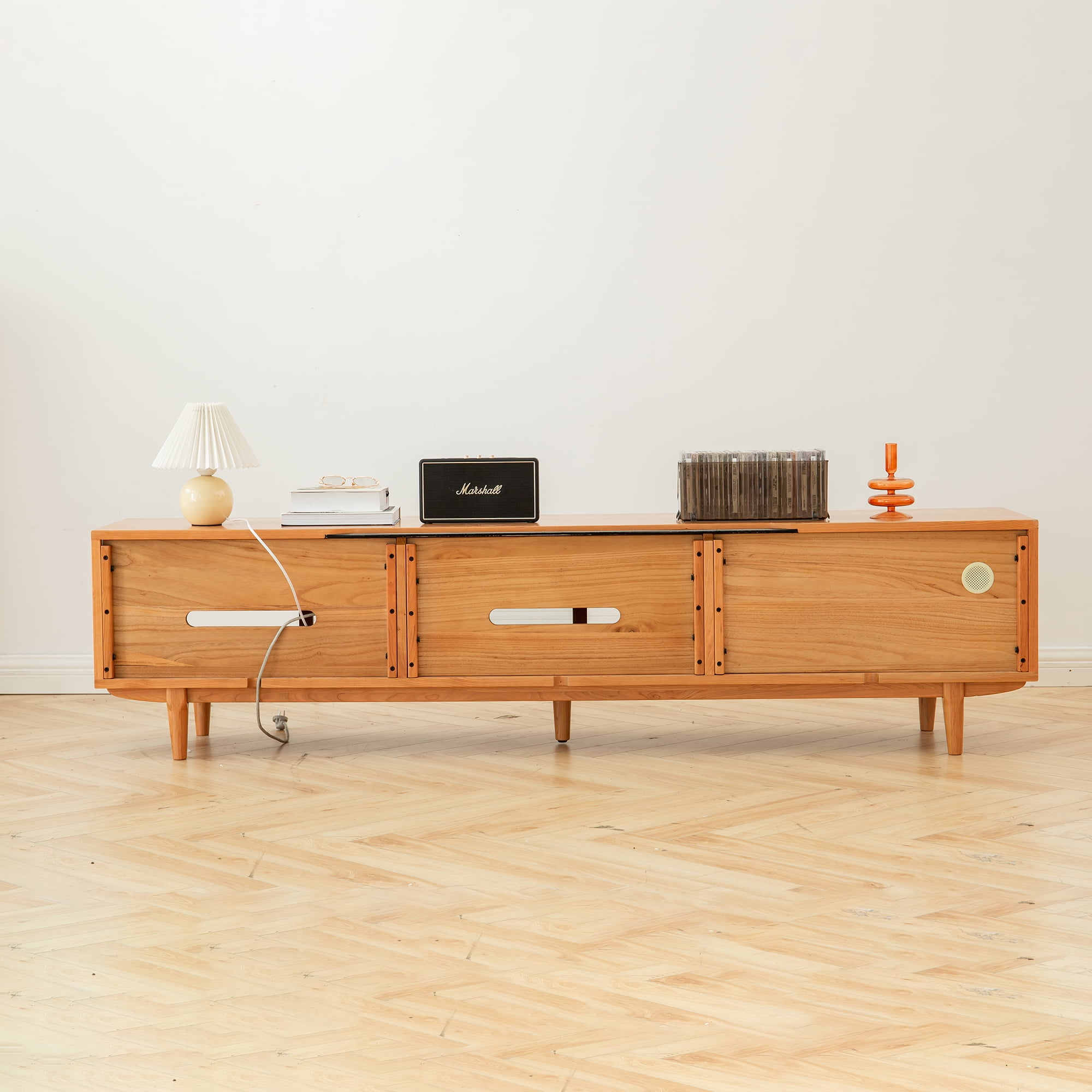 MAYEERTY Walnut Color Solid Red Oak TV Cabinet with Changhong Glass Doors – 70-79 Inches TV Stand