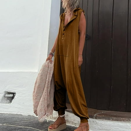

SELONE Womens Jumpsuits Casual Petite Rompers for Women Casual Sleeveless Summer Long Sleeve Fashion Solid Suspender Long Jumpsuit for Everyday Wear Running Errands Going to Work Casual Event Brown M