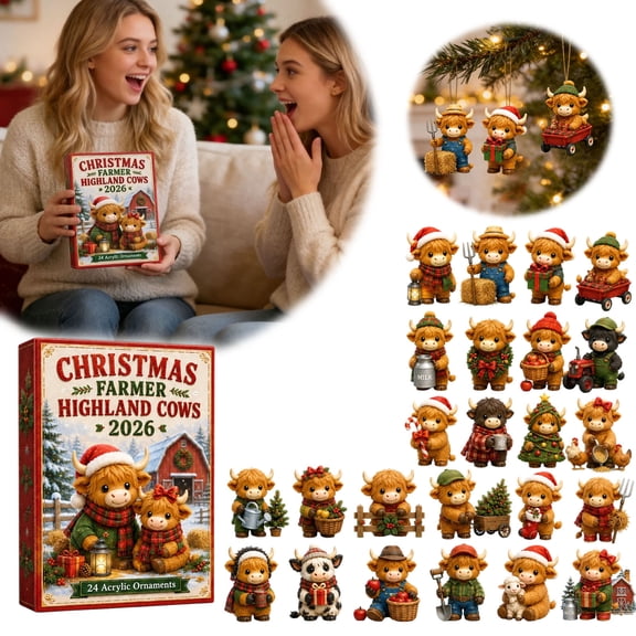Christmas Farm Highland Cow Advent Calendar, 24 Days 2D Acrylic Blind Box Ornaments, Cute Cow Countdown for Christmas Tree & Car Rearview, 10.24x7.09in