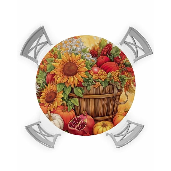 nqOlkjepod Orange Pumpkins Fall Round Tablecloth, Fitted Table Cover with Elastic for 36"-44" Round Tables, Thanksgiving Sunflower Botanical Table Cloth Outdoor Dinning Party Waterproof Tablecloths