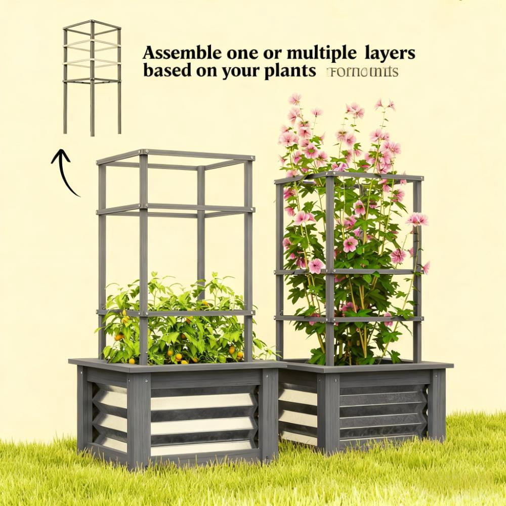 Raised Garden Bed, Versatile Galvanized Planter Box Elevated Garden Bed, Wooden Garden Bed with Trellis