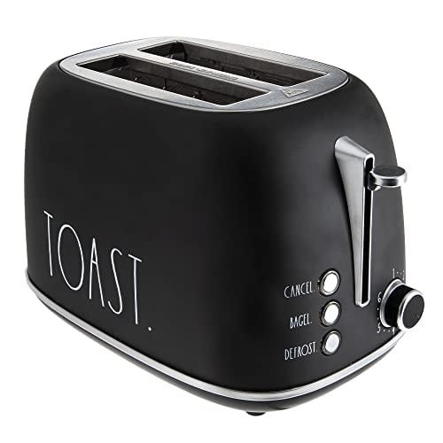 Rae Dunn Retro Rounded Bread Toaster, 2 Slice Stainless Steel Toaster with Removable Crumb Tray, Wide Slot with 6 Browning Levels, Bagel, Defrost and Cancel Options (Black)