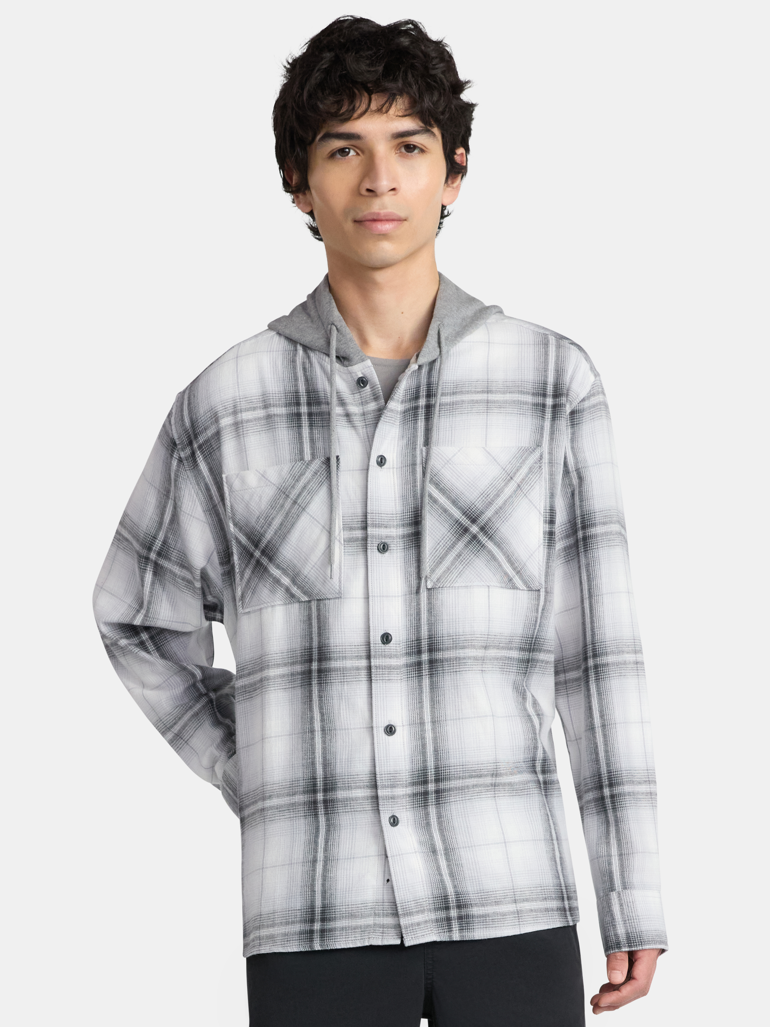 No Boundaries Men's & Big Men's Hooded Flannel Shirt with Long Sleeves, Sizes XS-5XL