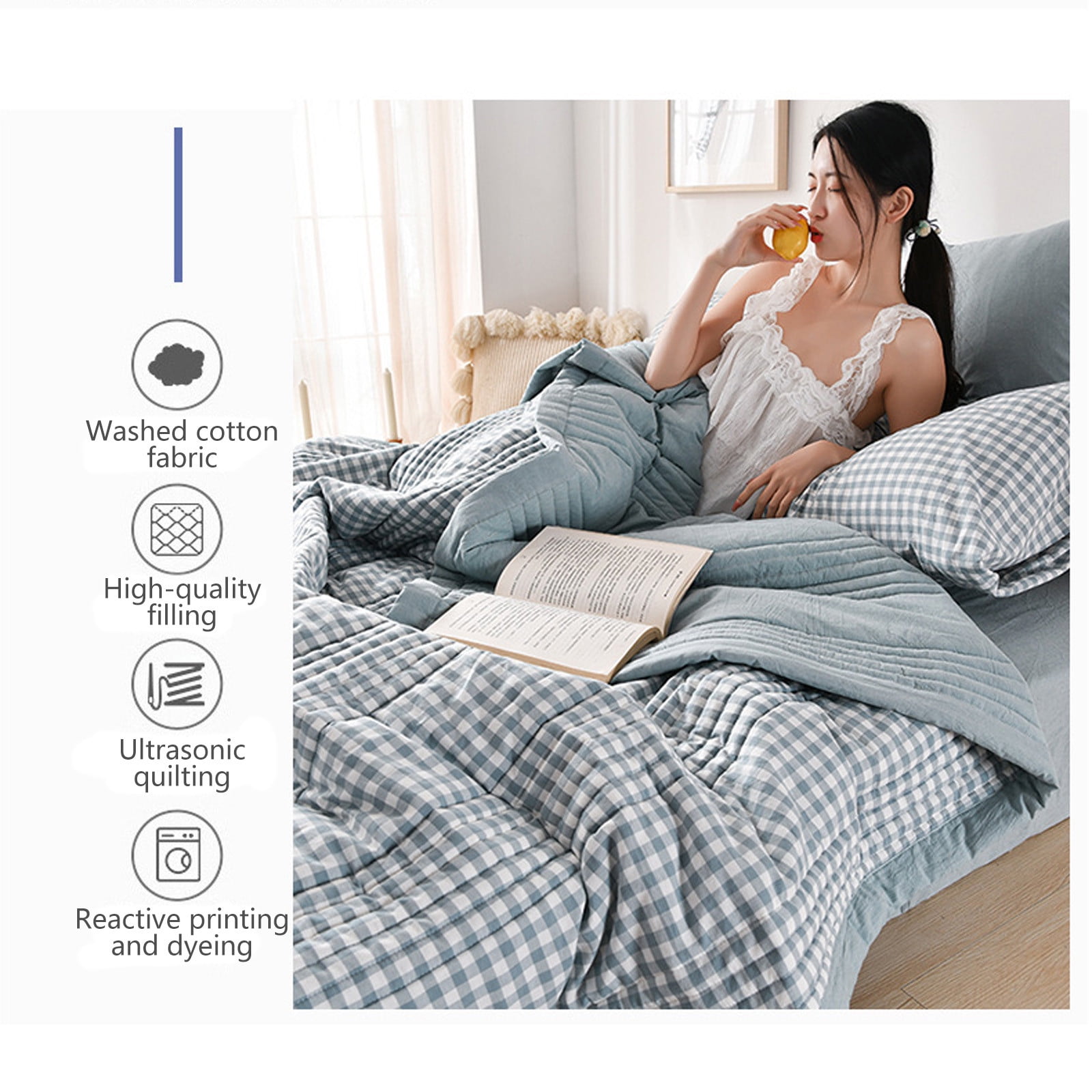 Double Sided Thin Quilt Comforter King Size Double Bed Summer Single Bed，Lightweight，Printing,100% Washed Cotton，Machine Washable,Soft Comfy Breathable Can Sleep Naked